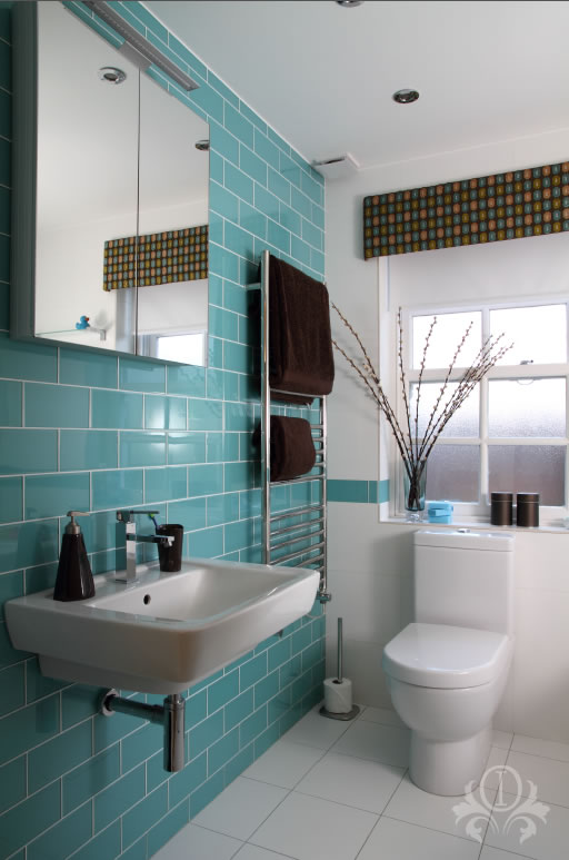 Blevins blue bathroom design - glass tiles
